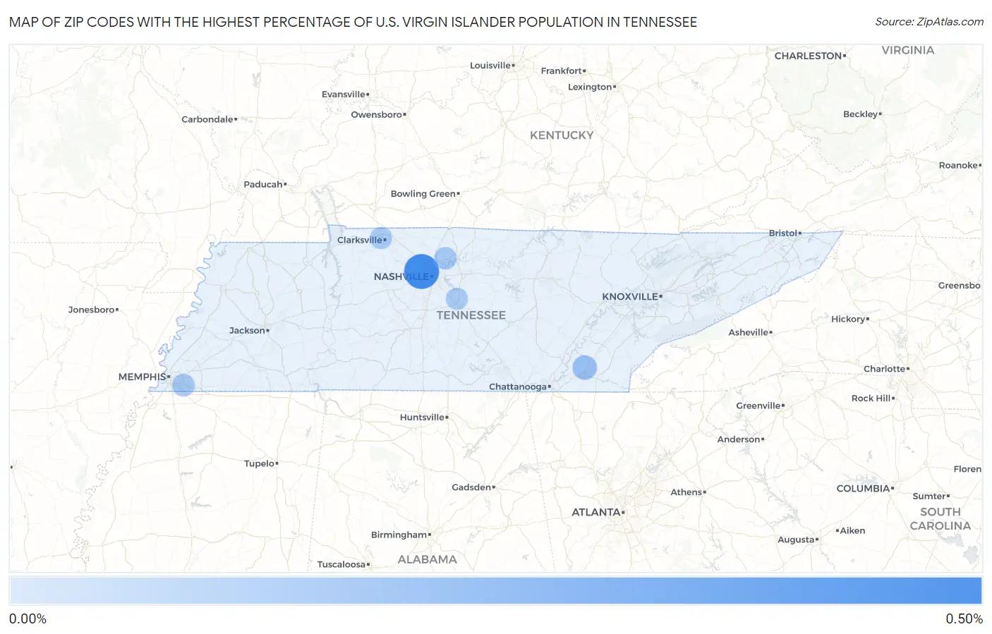 Zip Codes with the Highest Percentage of U.S. Virgin Islander Population in Tennessee Map