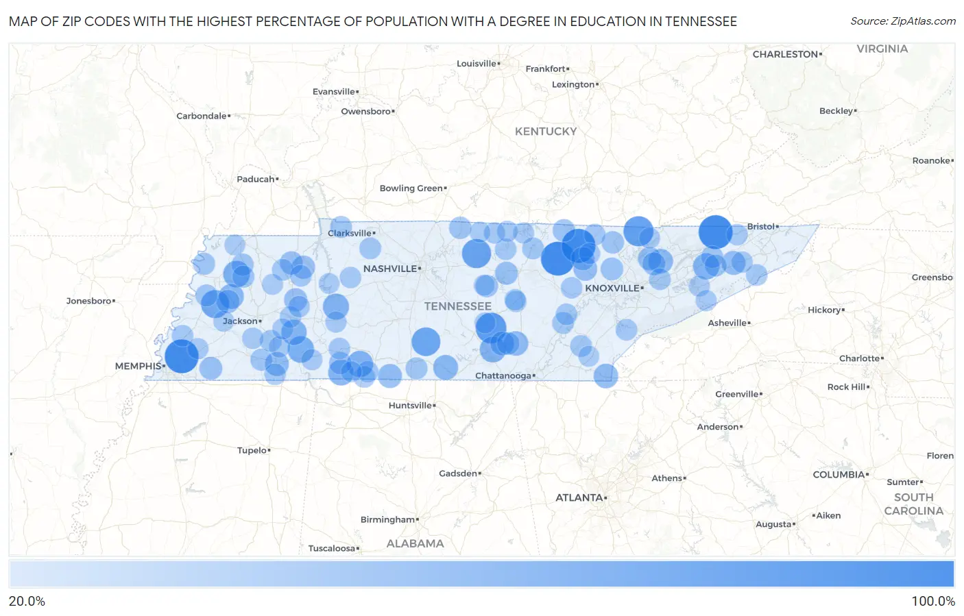 Zip Codes with the Highest Percentage of Population with a Degree in Education in Tennessee Map
