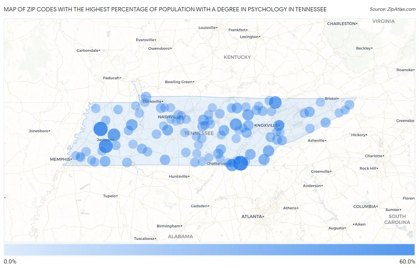Zip Codes with the Highest Percentage of Population with a Degree in Psychology in Tennessee Map