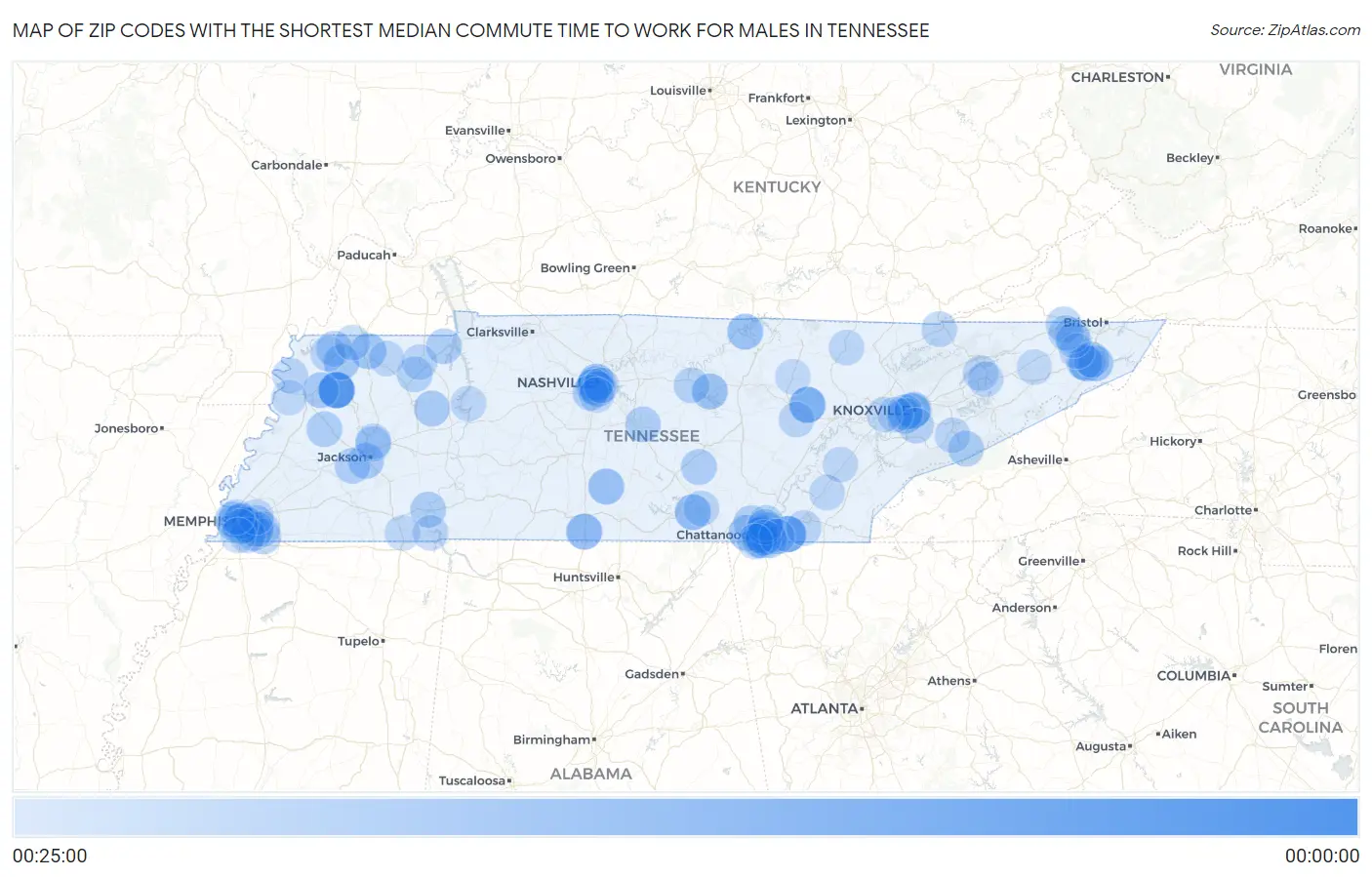 Zip Codes with the Shortest Median Commute Time to Work for Males in Tennessee Map