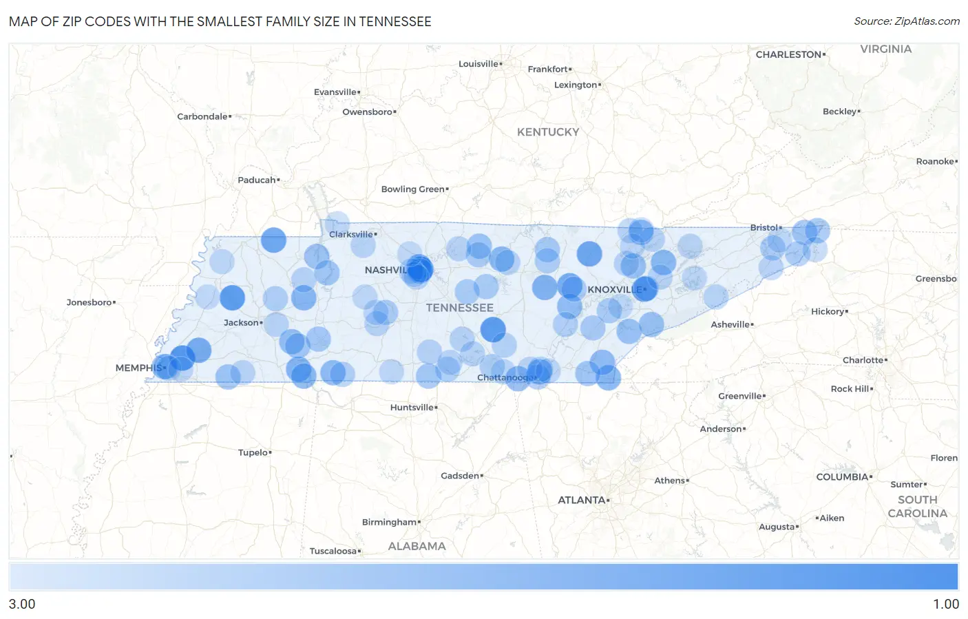 Zip Codes with the Smallest Family Size in Tennessee Map