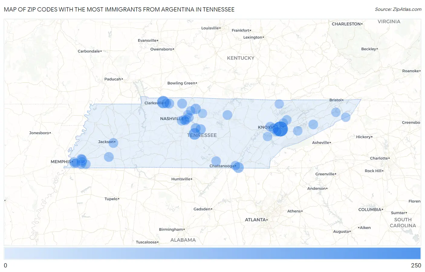 Zip Codes with the Most Immigrants from Argentina in Tennessee Map