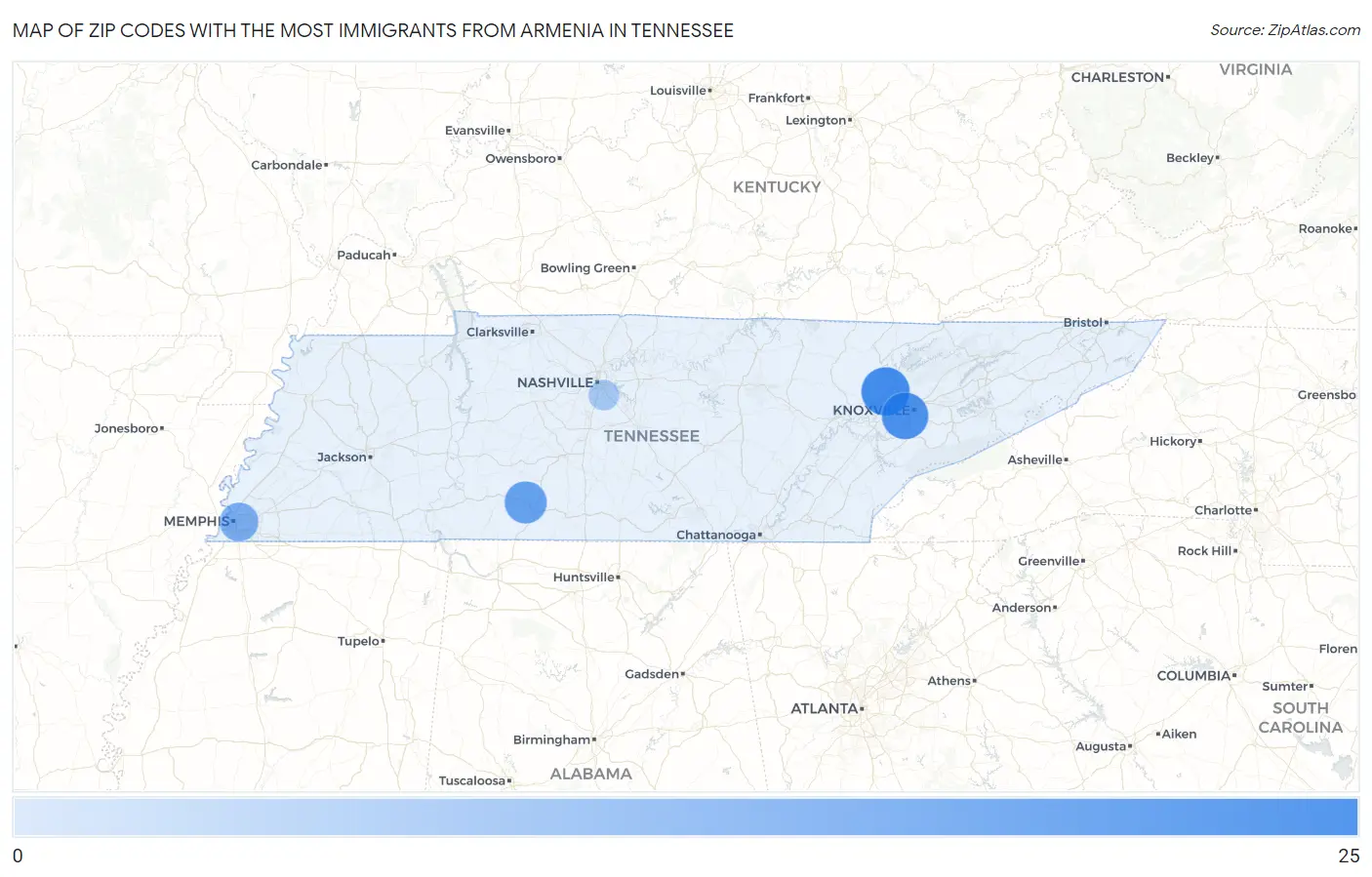 Zip Codes with the Most Immigrants from Armenia in Tennessee Map