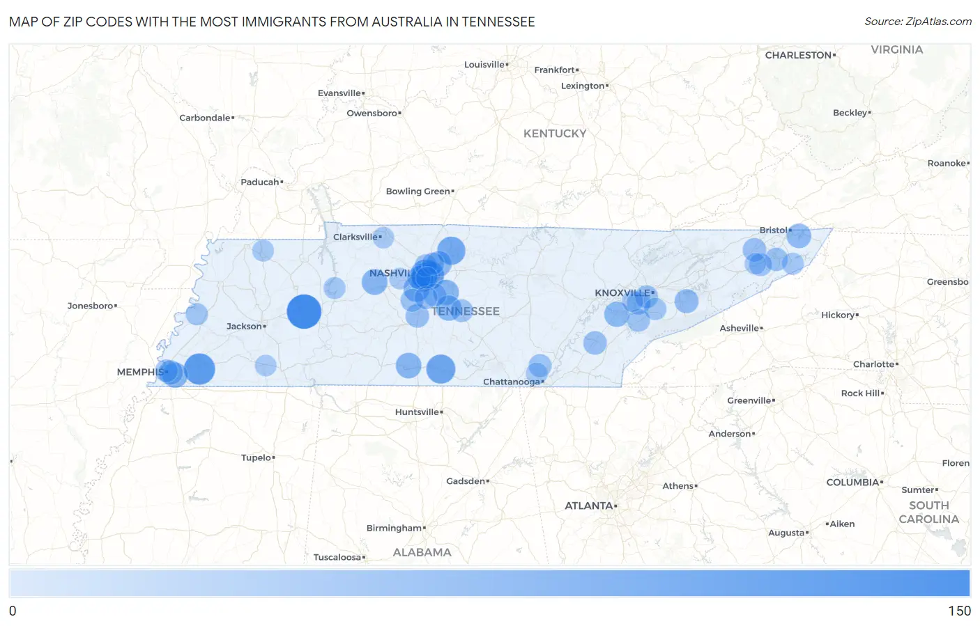 Zip Codes with the Most Immigrants from Australia in Tennessee Map