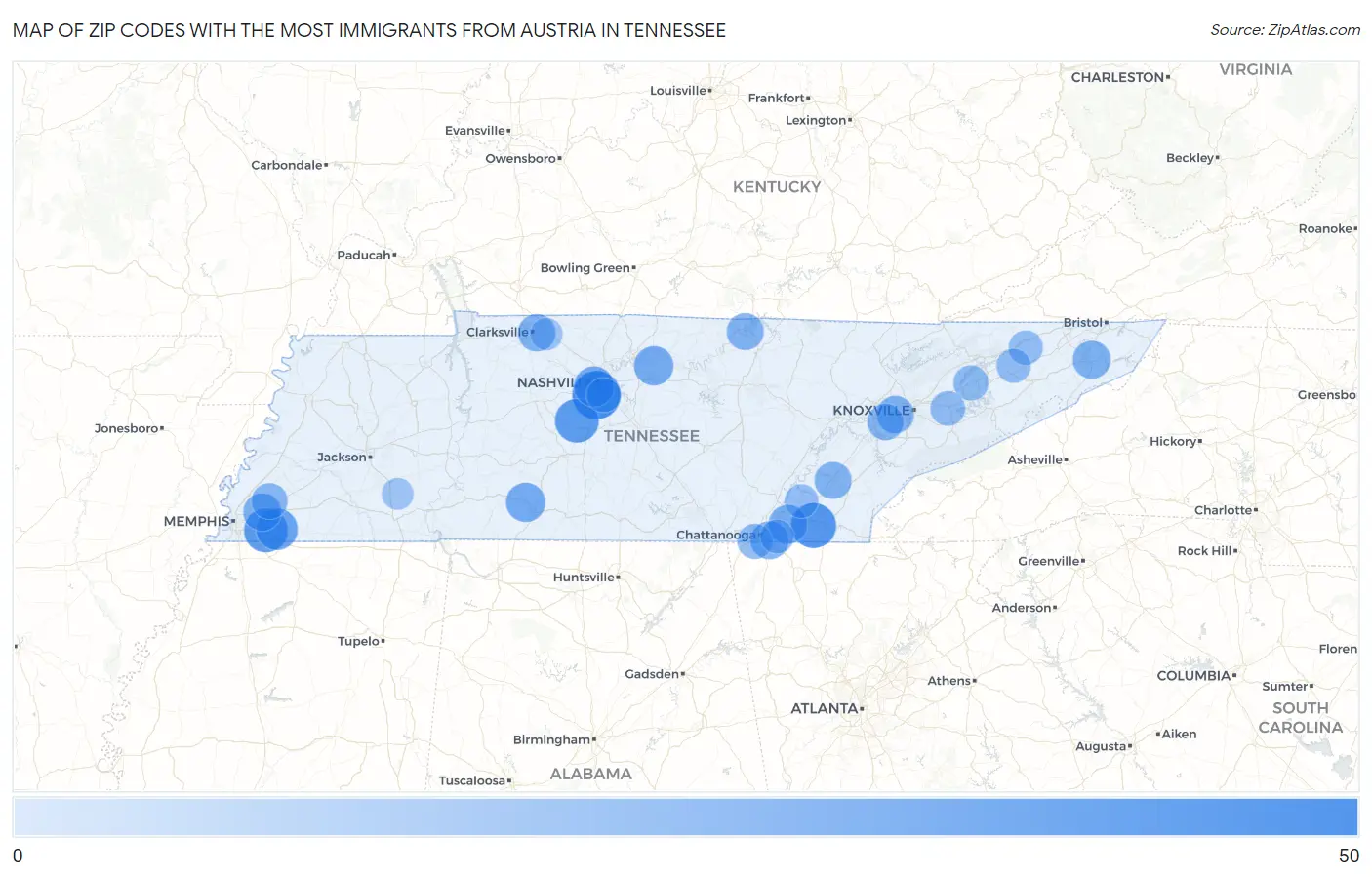 Zip Codes with the Most Immigrants from Austria in Tennessee Map