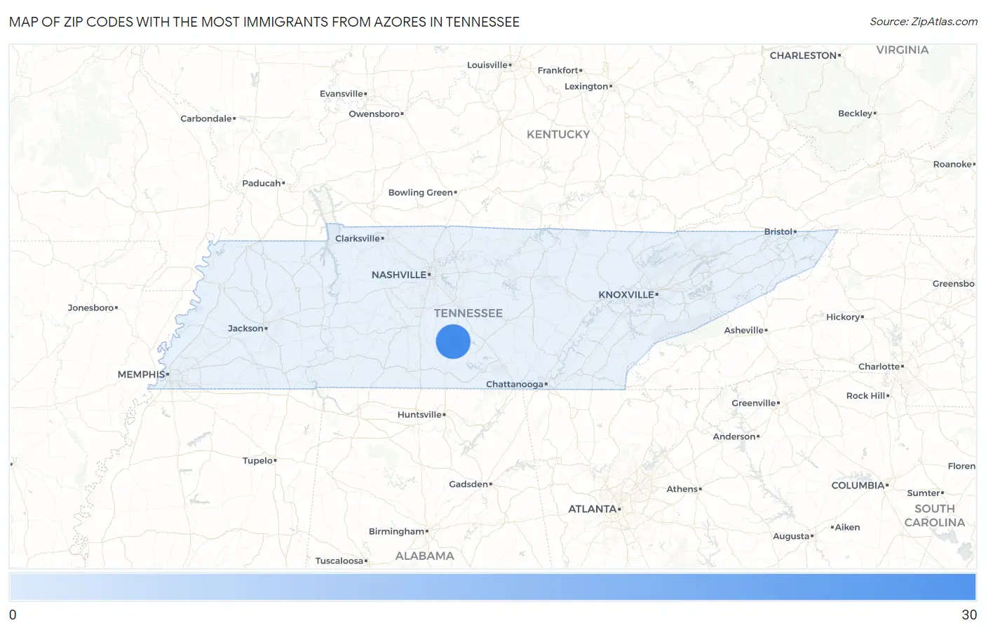 Zip Codes with the Most Immigrants from Azores in Tennessee Map