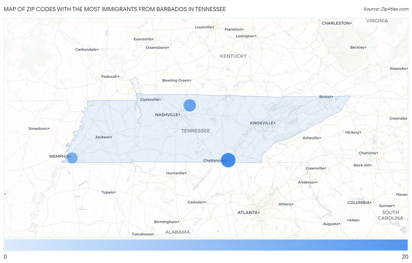Zip Codes with the Most Immigrants from Barbados in Tennessee Map