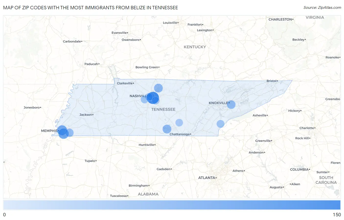 Zip Codes with the Most Immigrants from Belize in Tennessee Map