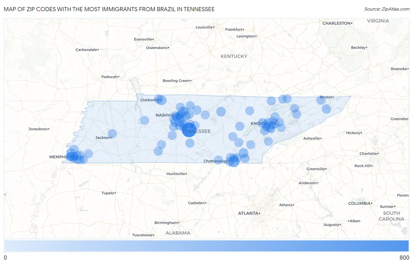 Zip Codes with the Most Immigrants from Brazil in Tennessee Map