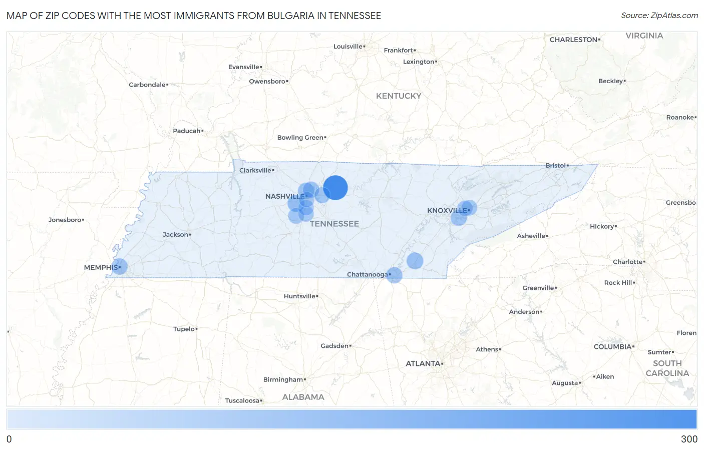 Zip Codes with the Most Immigrants from Bulgaria in Tennessee Map