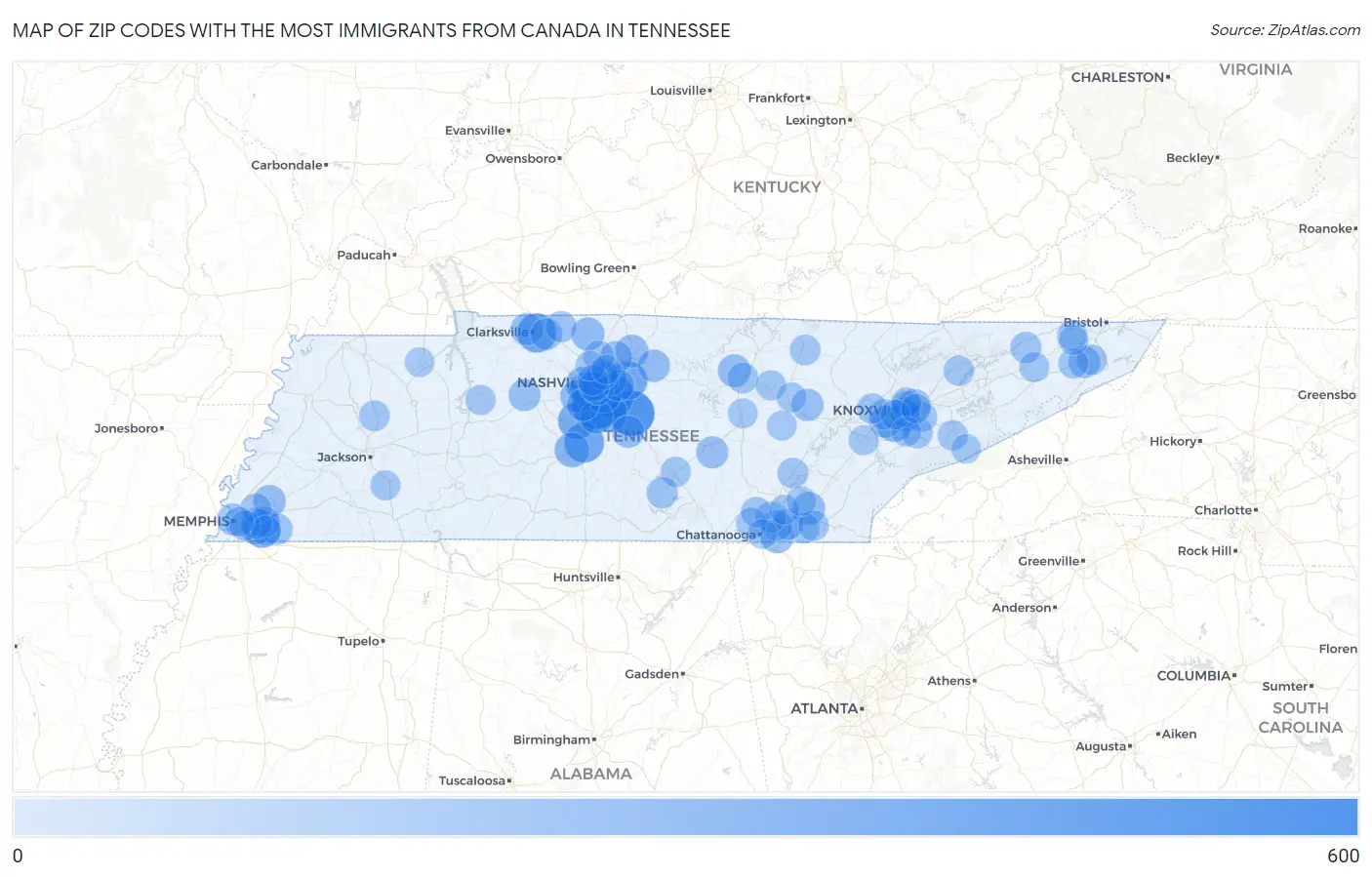 Zip Codes with the Most Immigrants from Canada in Tennessee Map