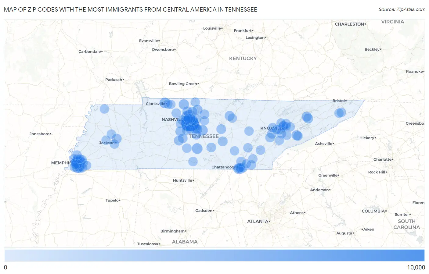 Zip Codes with the Most Immigrants from Central America in Tennessee Map