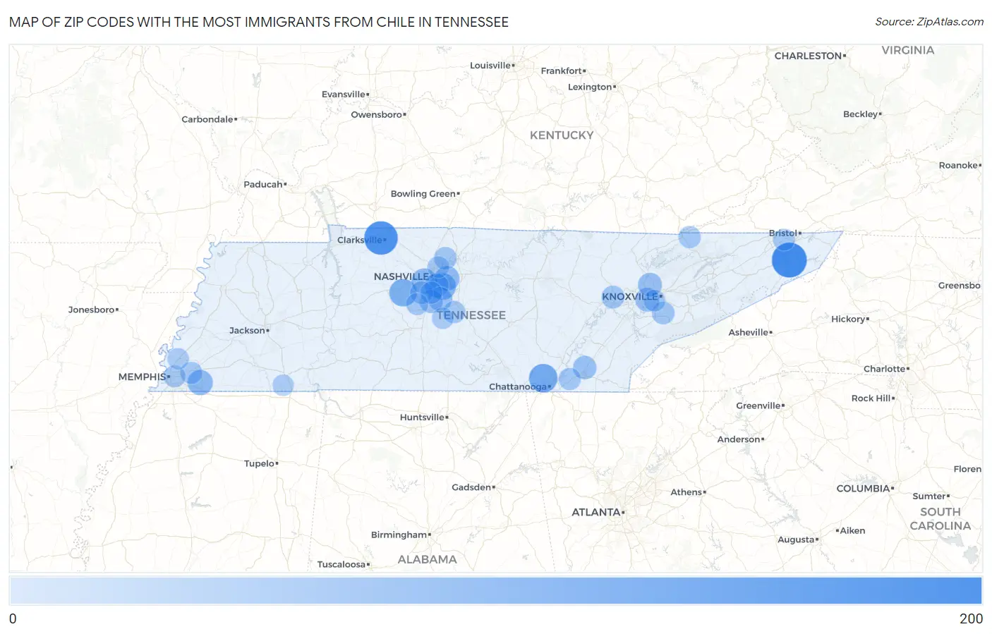 Zip Codes with the Most Immigrants from Chile in Tennessee Map