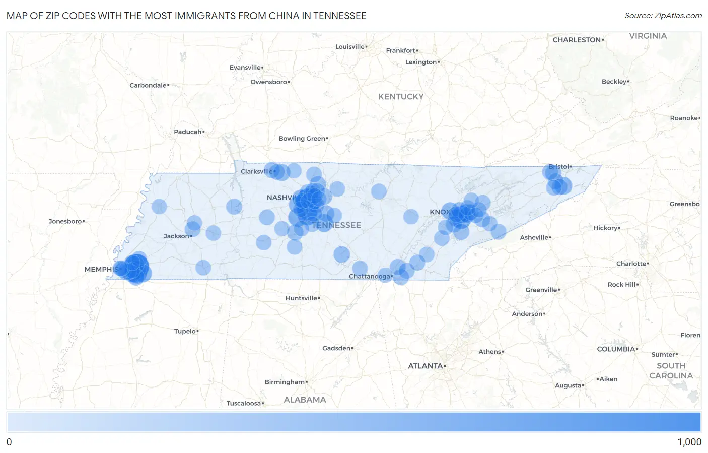 Zip Codes with the Most Immigrants from China in Tennessee Map