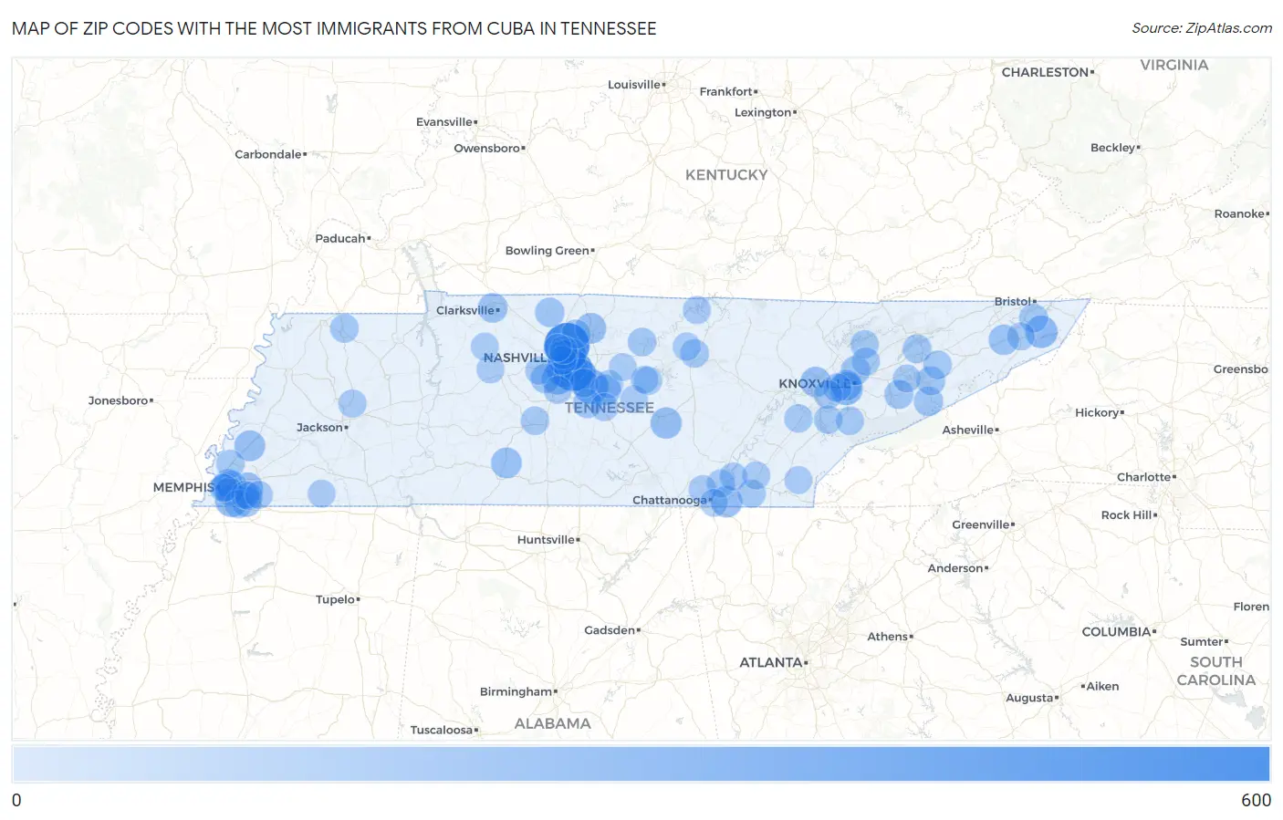 Zip Codes with the Most Immigrants from Cuba in Tennessee Map
