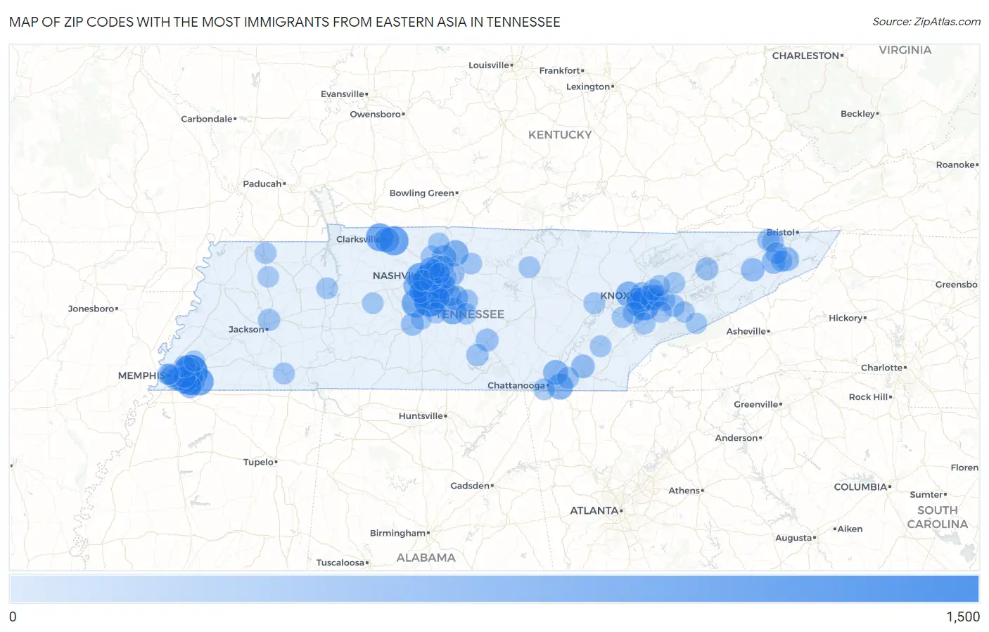 Zip Codes with the Most Immigrants from Eastern Asia in Tennessee Map