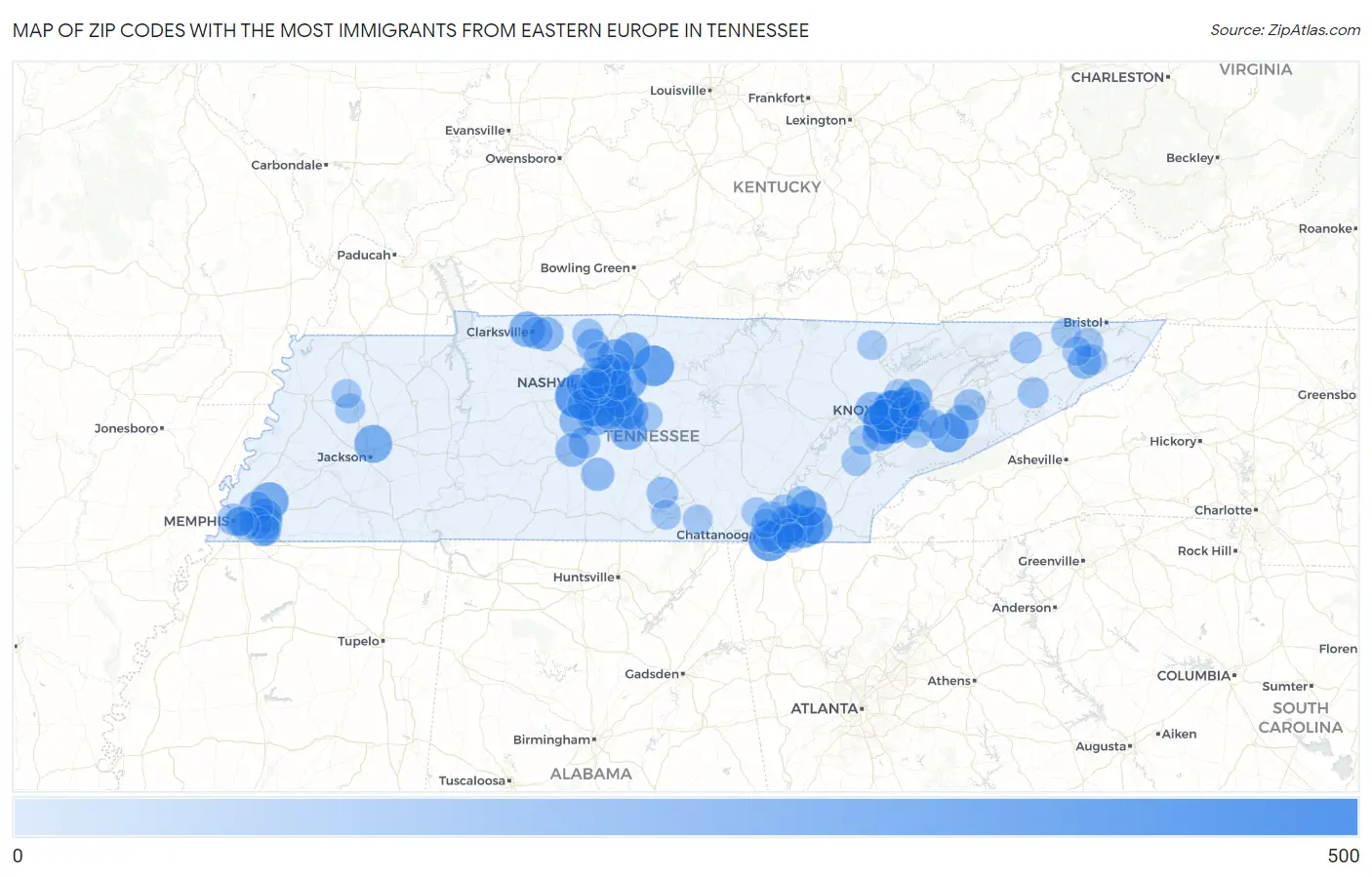Zip Codes with the Most Immigrants from Eastern Europe in Tennessee Map