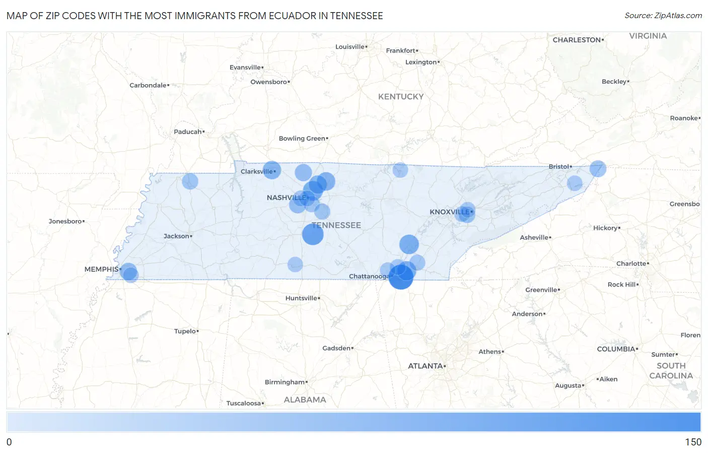 Zip Codes with the Most Immigrants from Ecuador in Tennessee Map