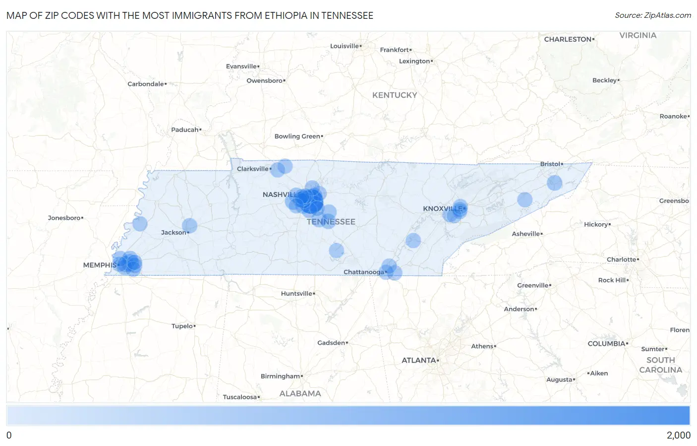 Zip Codes with the Most Immigrants from Ethiopia in Tennessee Map