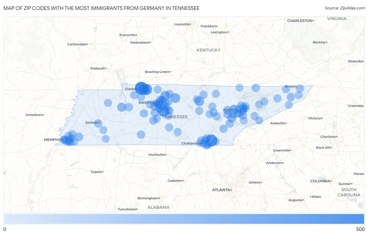 Zip Codes with the Most Immigrants from Germany in Tennessee Map