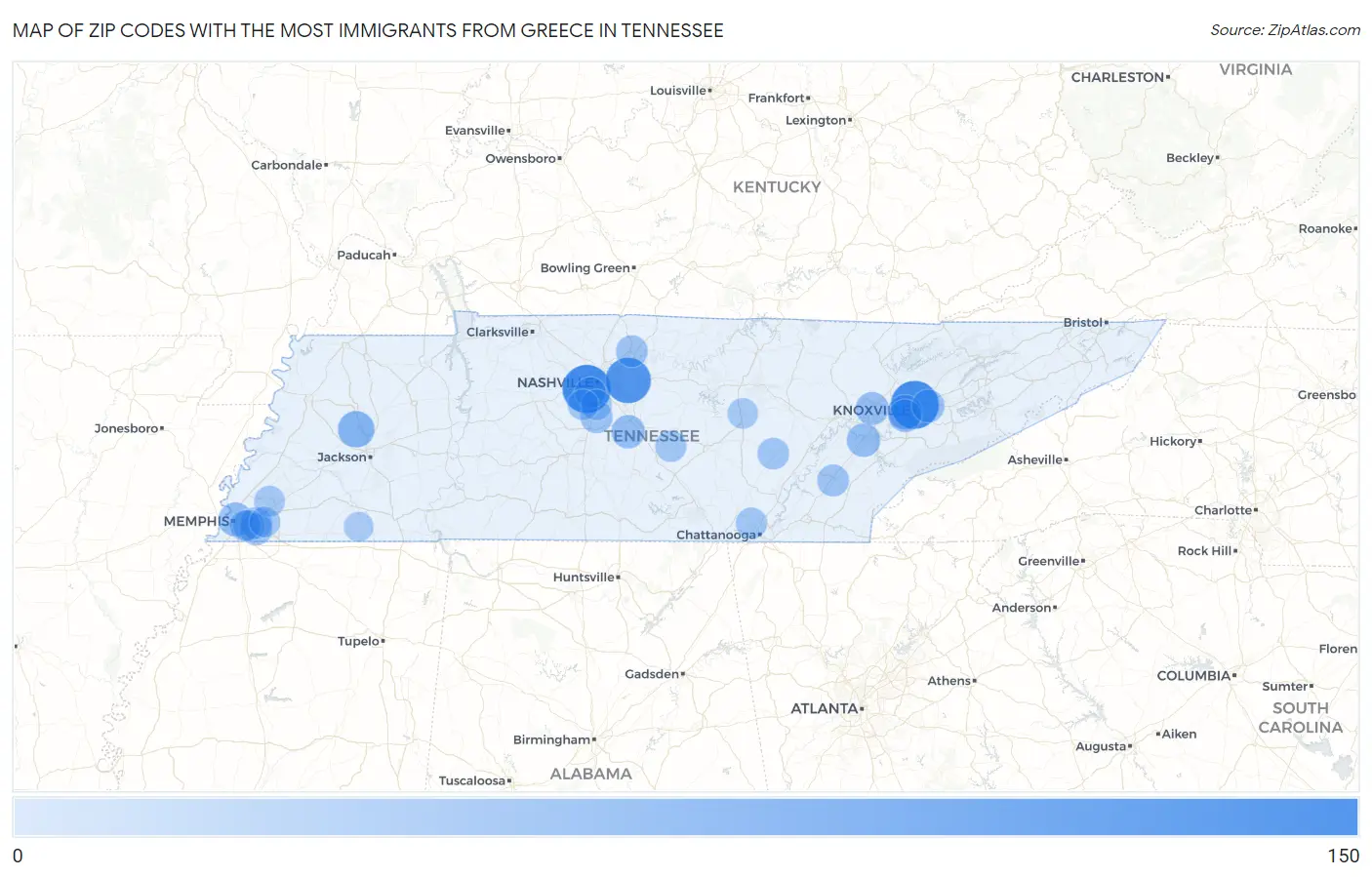 Zip Codes with the Most Immigrants from Greece in Tennessee Map
