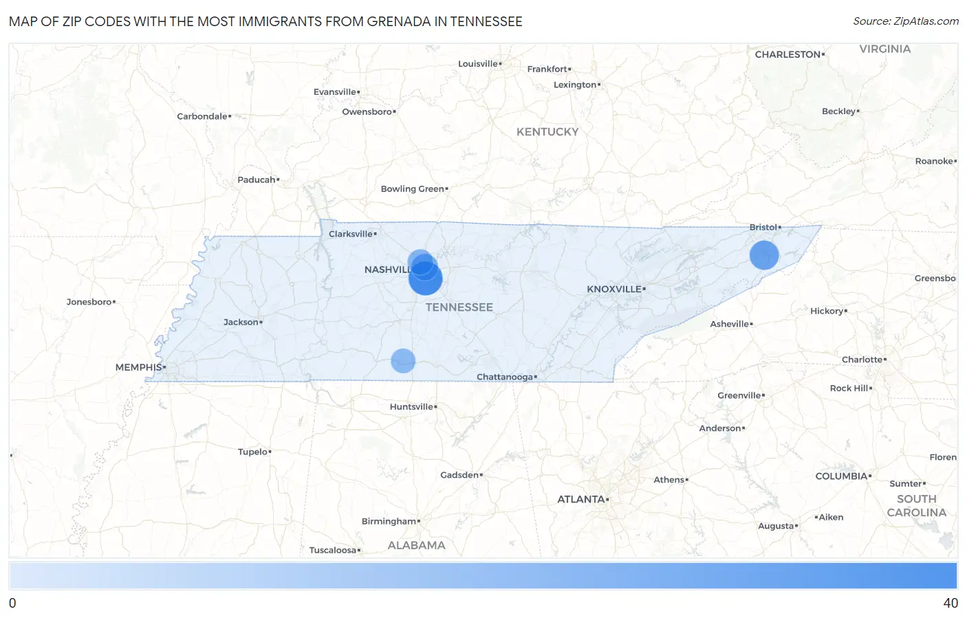 Zip Codes with the Most Immigrants from Grenada in Tennessee Map