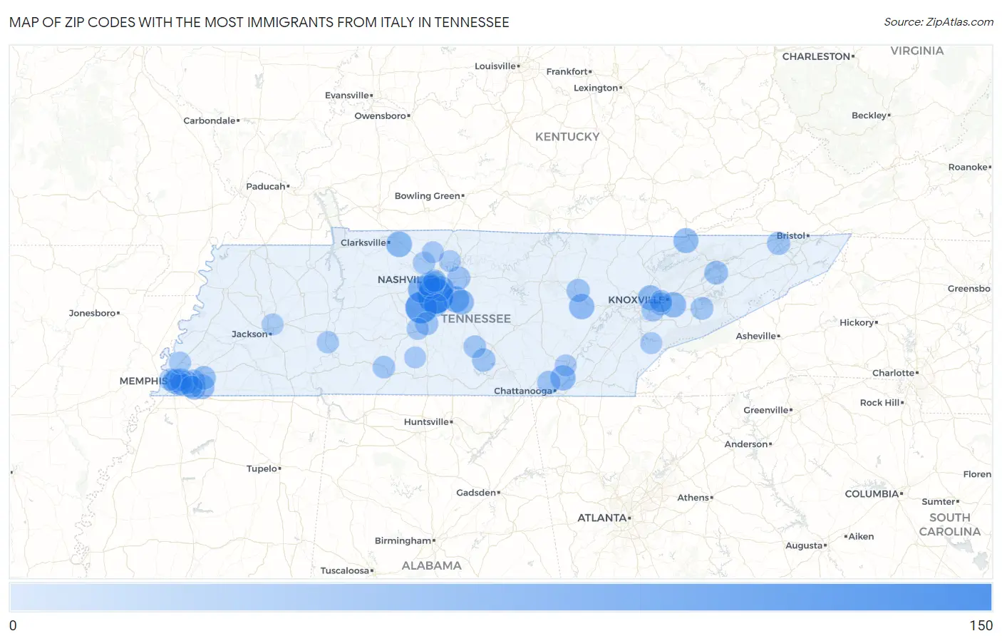 Zip Codes with the Most Immigrants from Italy in Tennessee Map