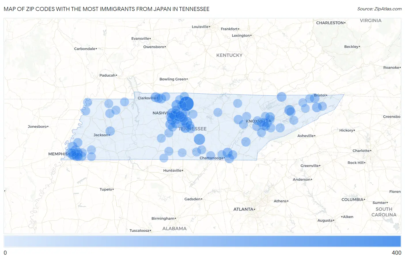 Zip Codes with the Most Immigrants from Japan in Tennessee Map
