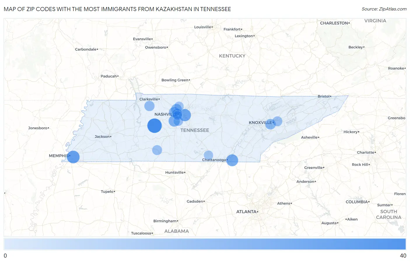 Zip Codes with the Most Immigrants from Kazakhstan in Tennessee Map