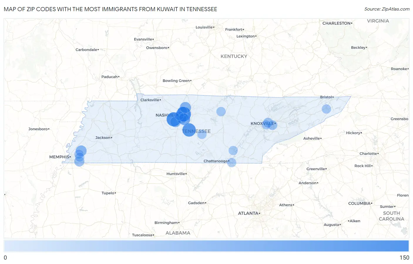Zip Codes with the Most Immigrants from Kuwait in Tennessee Map