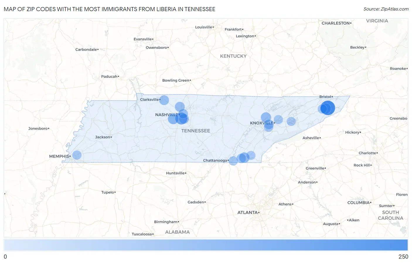 Zip Codes with the Most Immigrants from Liberia in Tennessee Map
