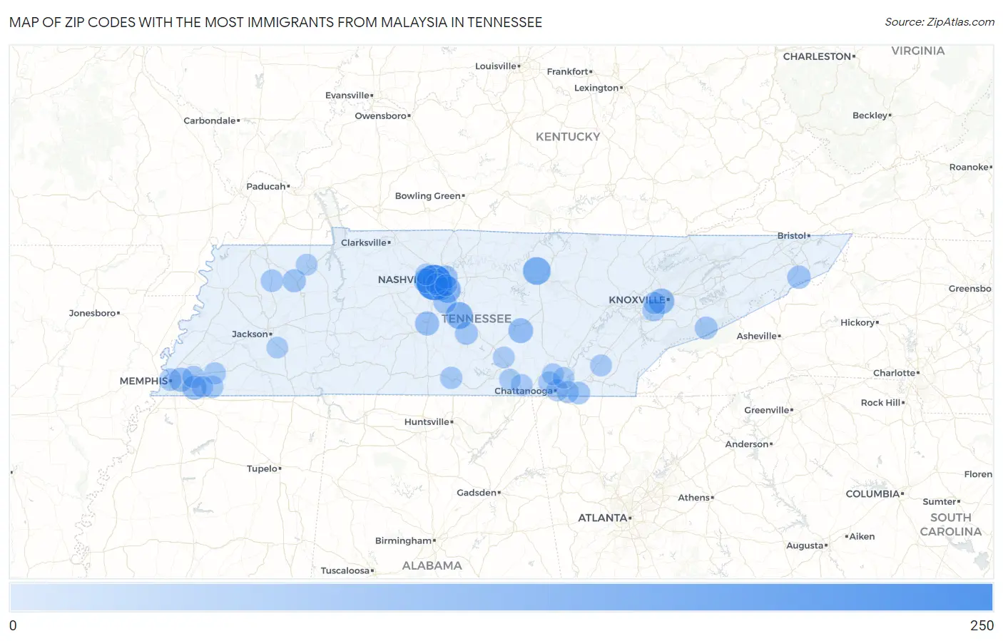 Zip Codes with the Most Immigrants from Malaysia in Tennessee Map