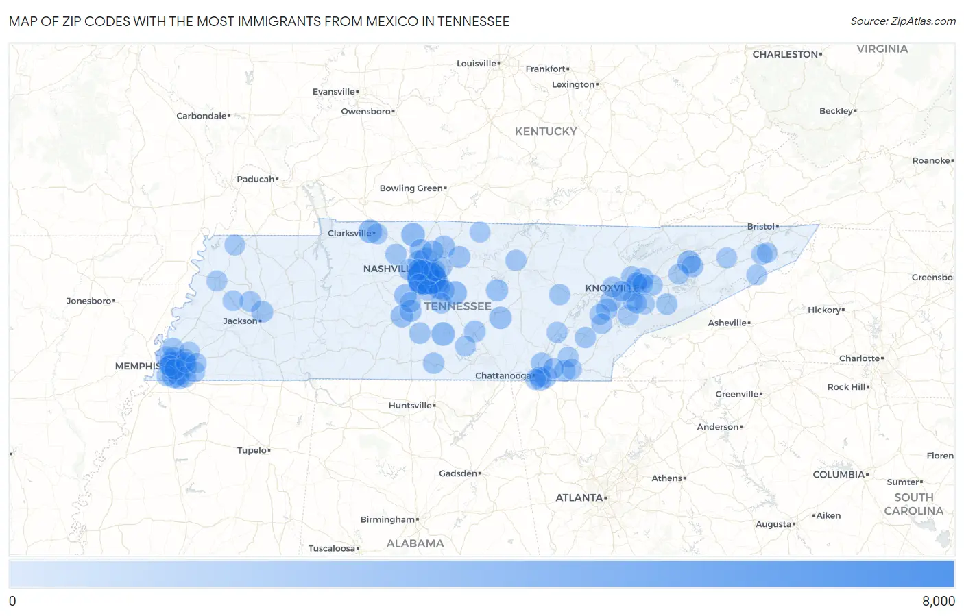 Zip Codes with the Most Immigrants from Mexico in Tennessee Map