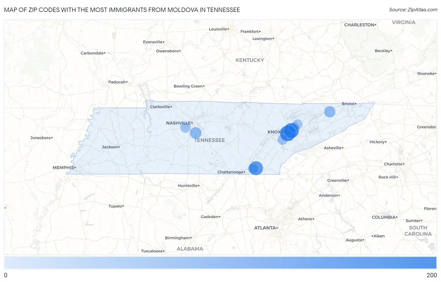 Zip Codes with the Most Immigrants from Moldova in Tennessee Map