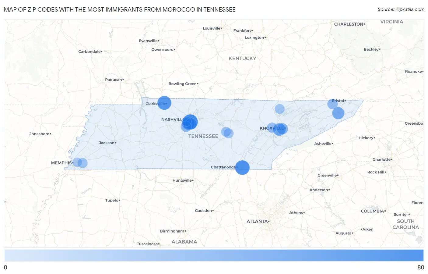 Zip Codes with the Most Immigrants from Morocco in Tennessee Map