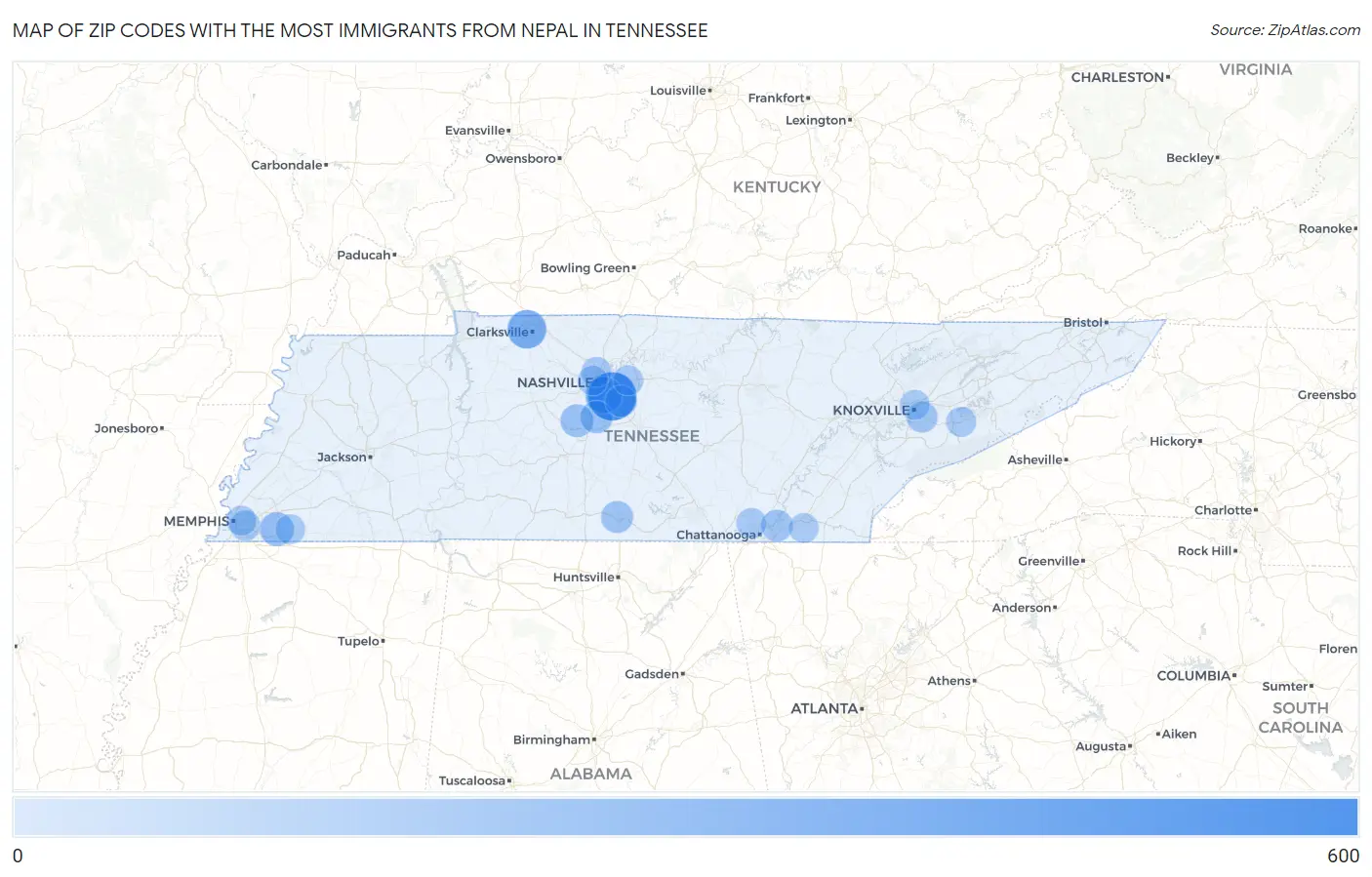 Zip Codes with the Most Immigrants from Nepal in Tennessee Map