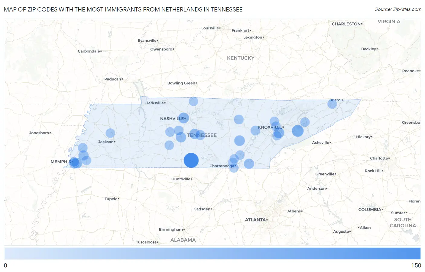 Zip Codes with the Most Immigrants from Netherlands in Tennessee Map