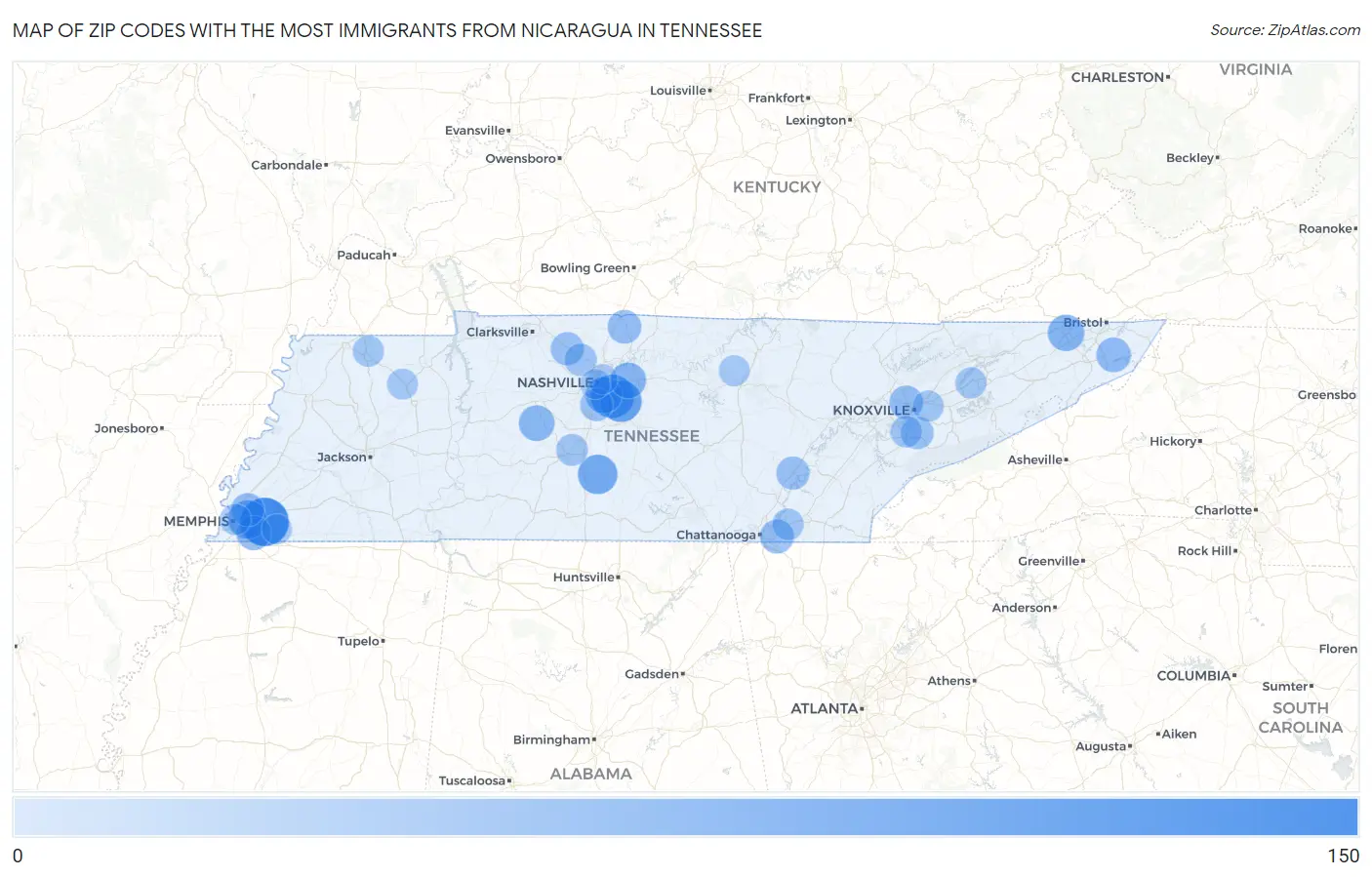 Zip Codes with the Most Immigrants from Nicaragua in Tennessee Map