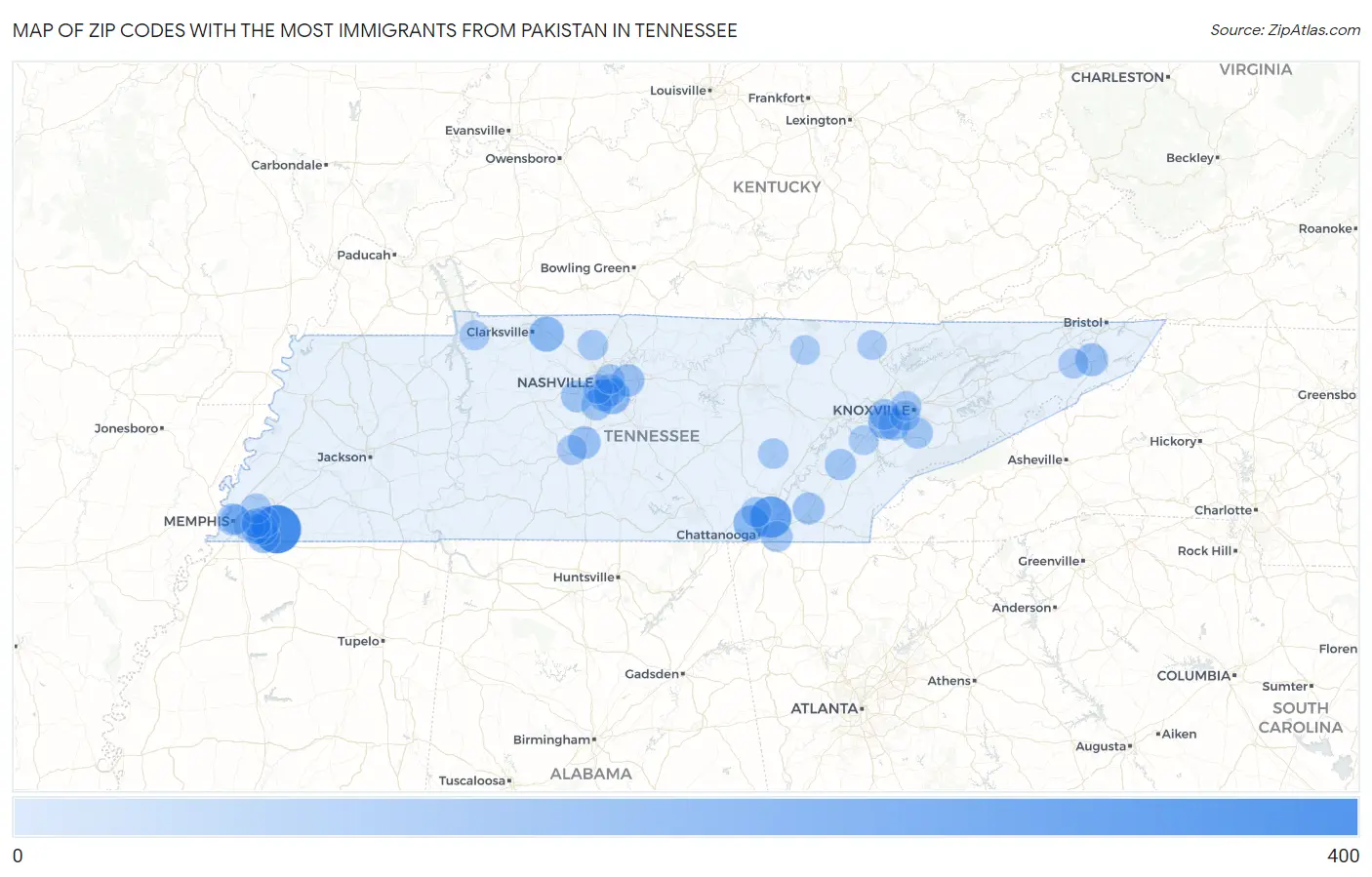 Zip Codes with the Most Immigrants from Pakistan in Tennessee Map