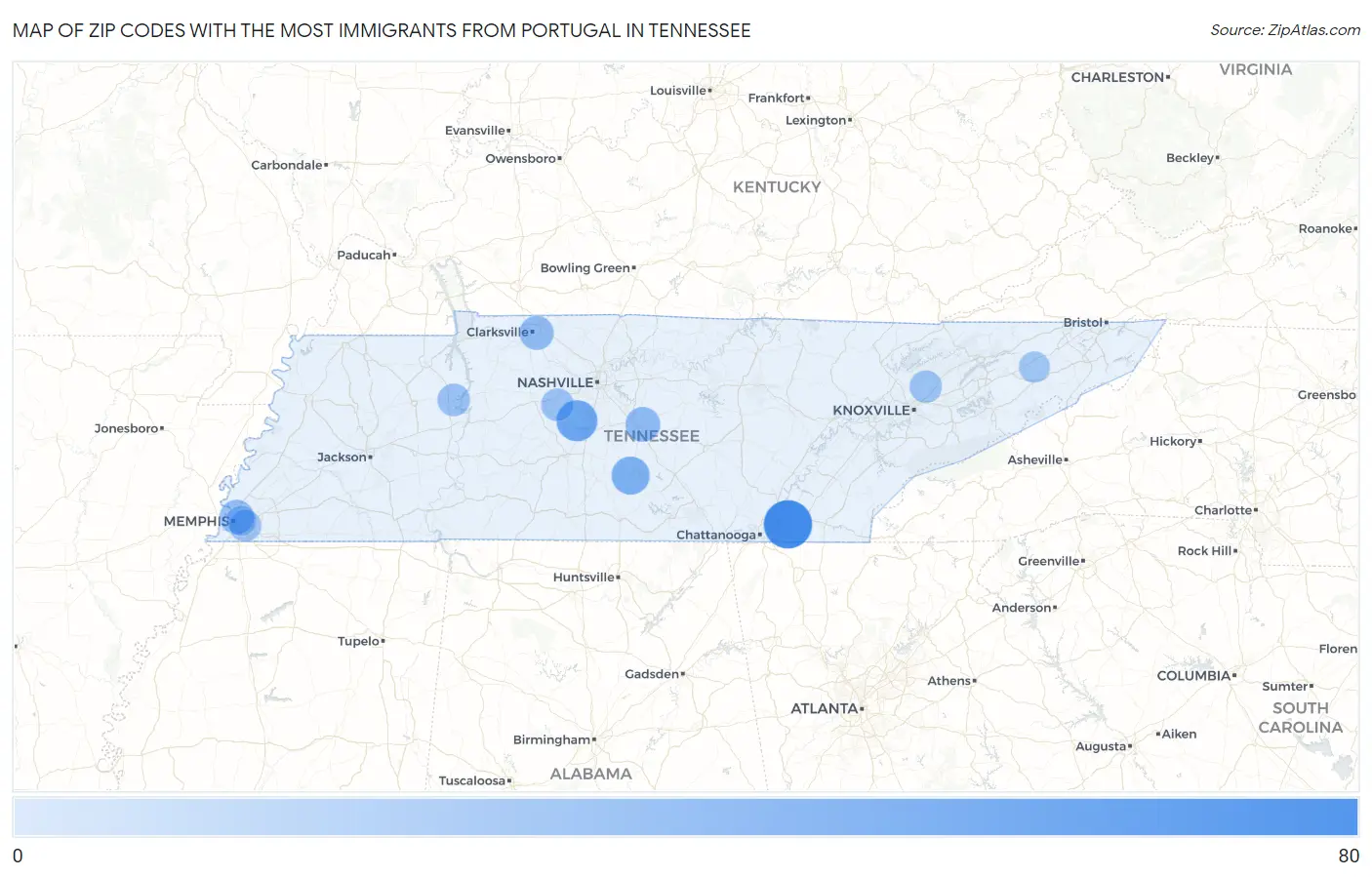 Zip Codes with the Most Immigrants from Portugal in Tennessee Map