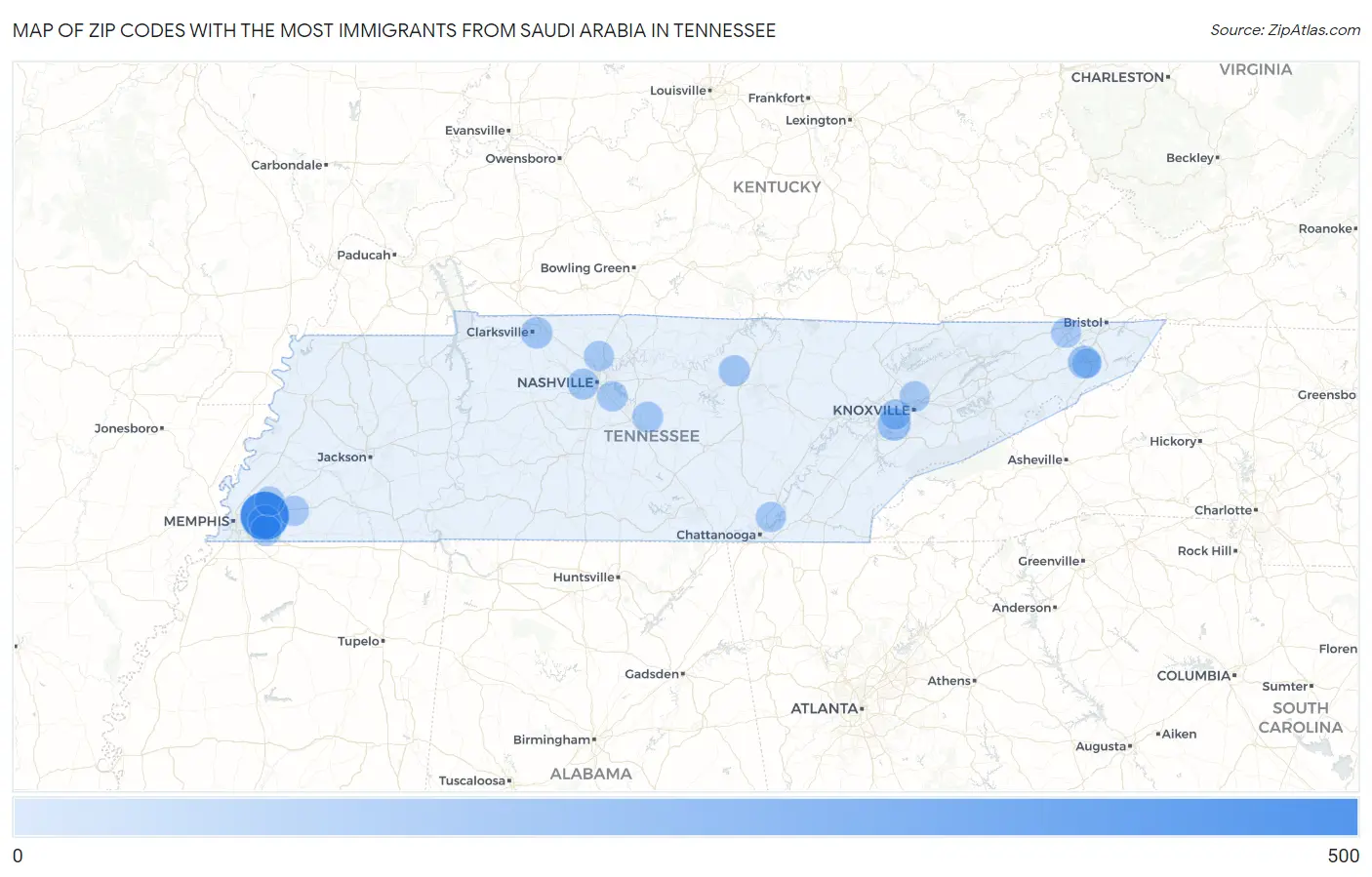 Zip Codes with the Most Immigrants from Saudi Arabia in Tennessee Map