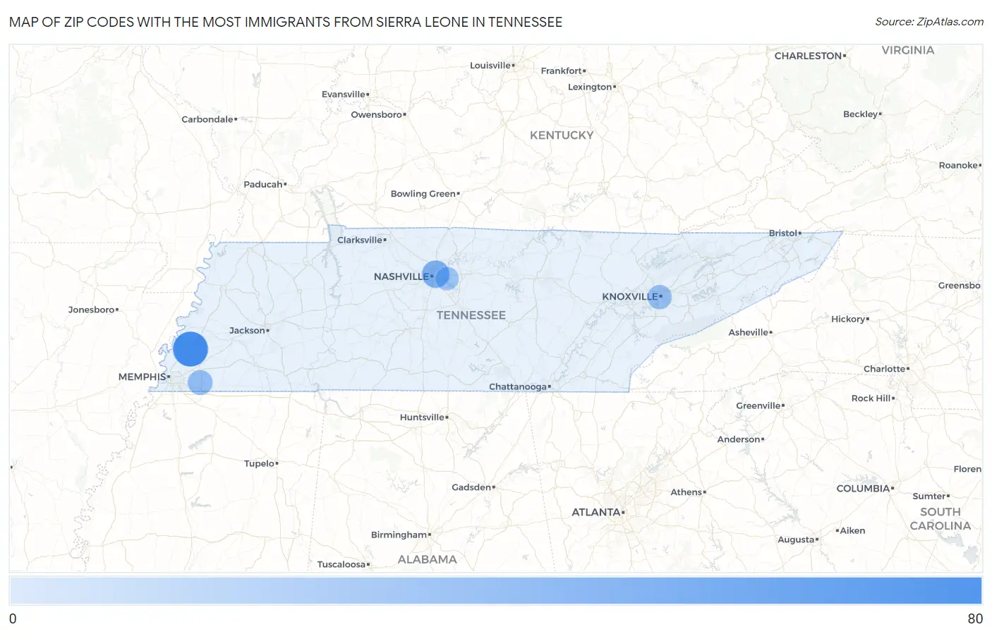 Zip Codes with the Most Immigrants from Sierra Leone in Tennessee Map