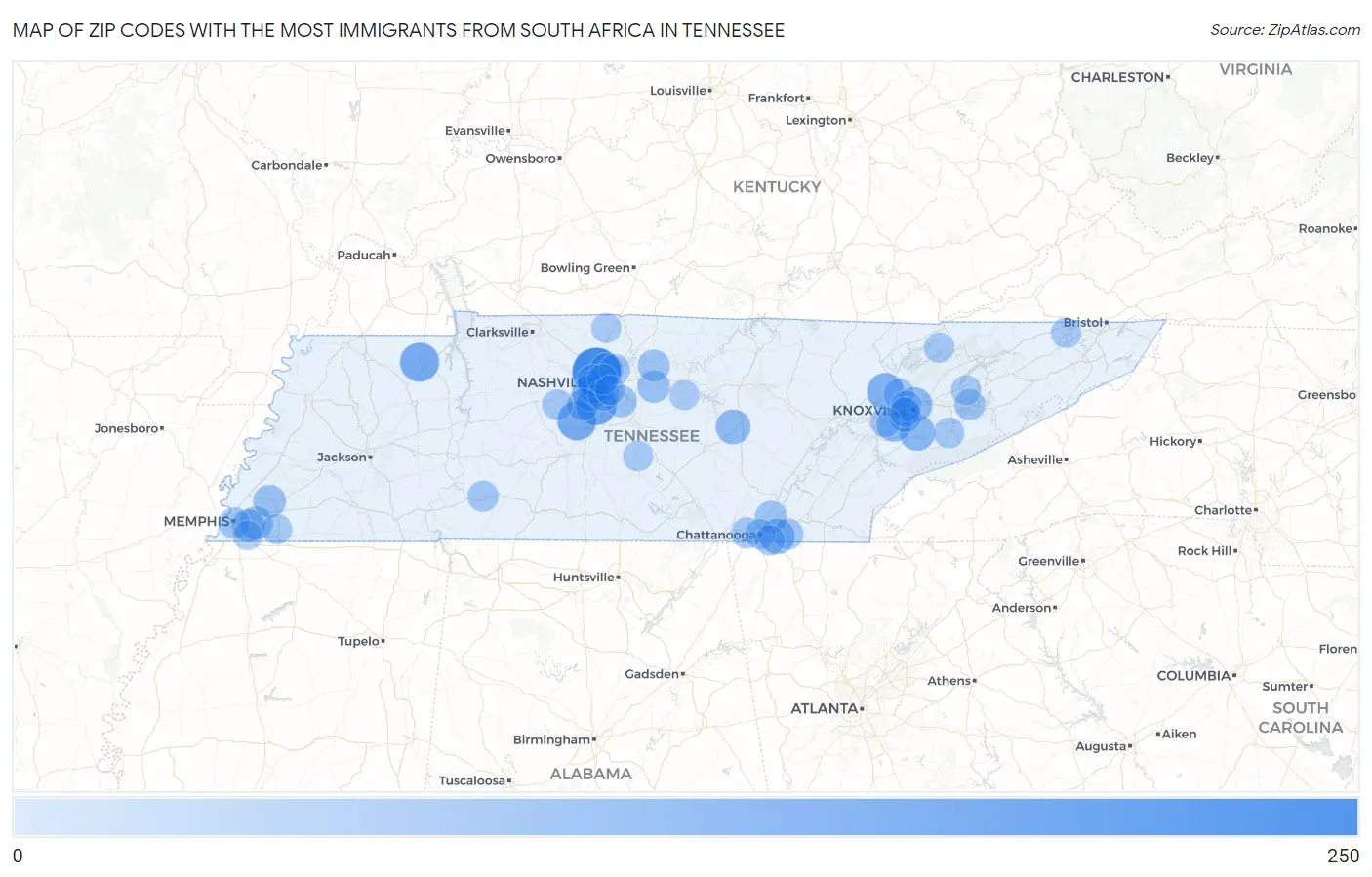 Zip Codes with the Most Immigrants from South Africa in Tennessee Map