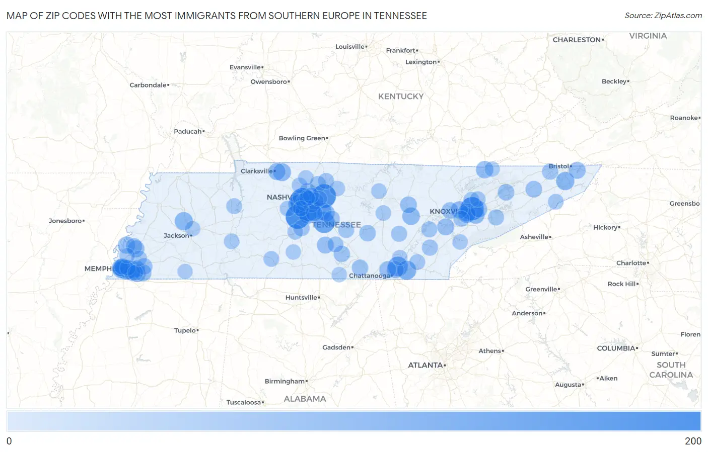 Zip Codes with the Most Immigrants from Southern Europe in Tennessee Map