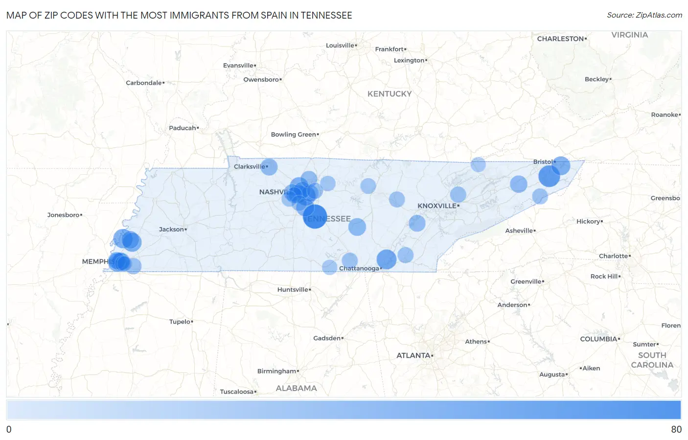 Zip Codes with the Most Immigrants from Spain in Tennessee Map