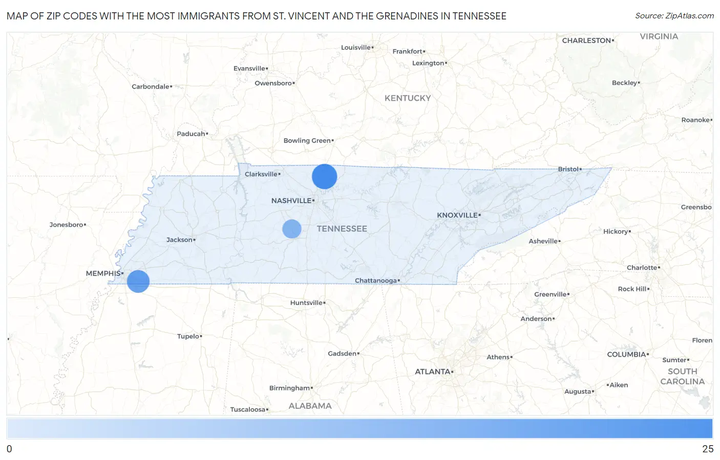 Zip Codes with the Most Immigrants from St. Vincent and the Grenadines in Tennessee Map