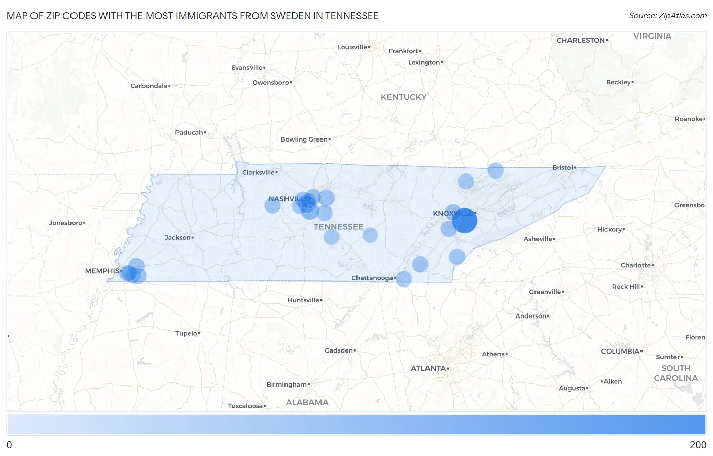Zip Codes with the Most Immigrants from Sweden in Tennessee Map