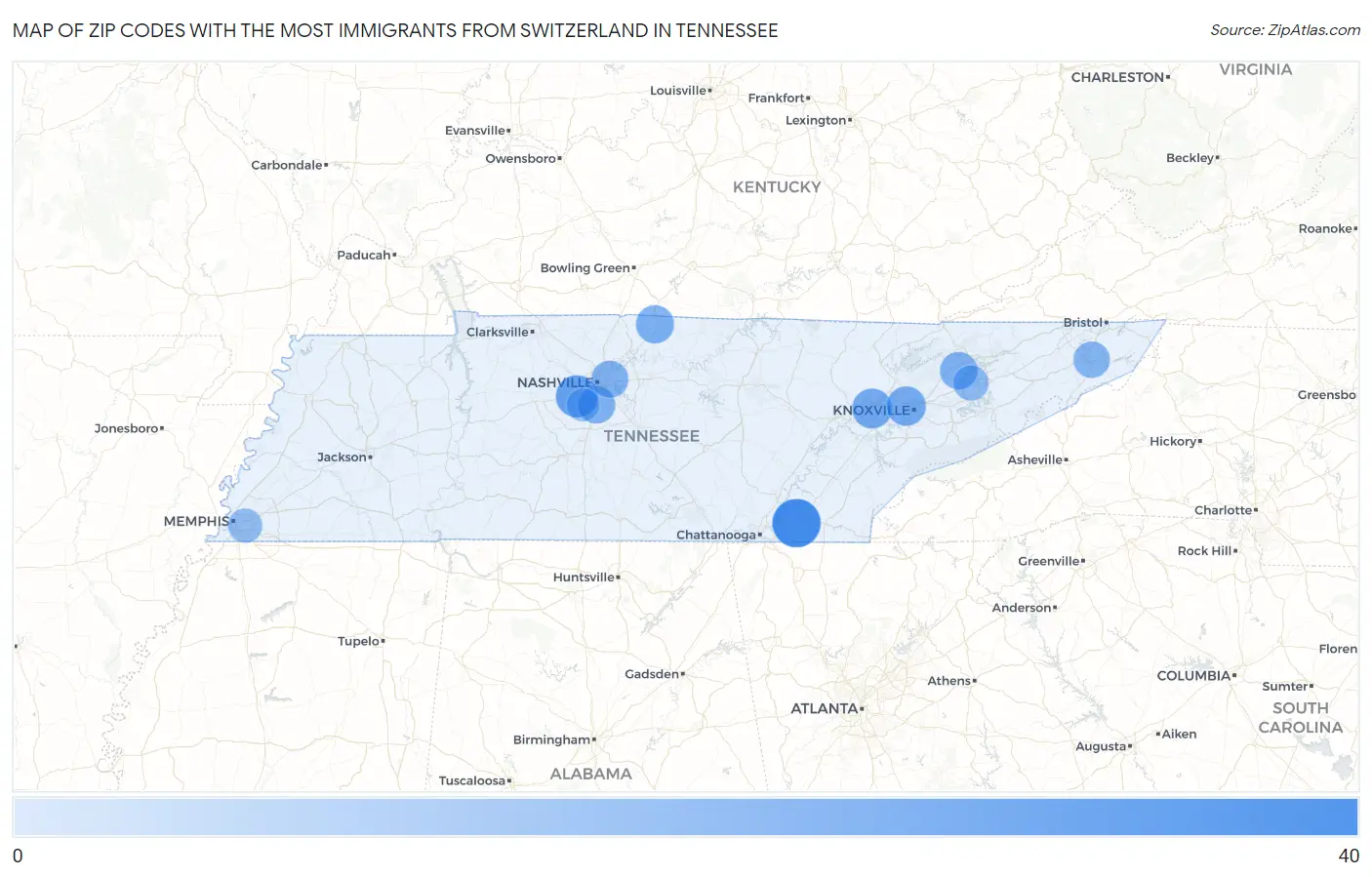 Zip Codes with the Most Immigrants from Switzerland in Tennessee Map