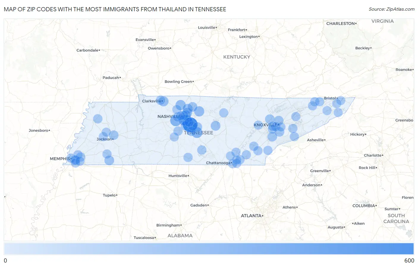 Zip Codes with the Most Immigrants from Thailand in Tennessee Map