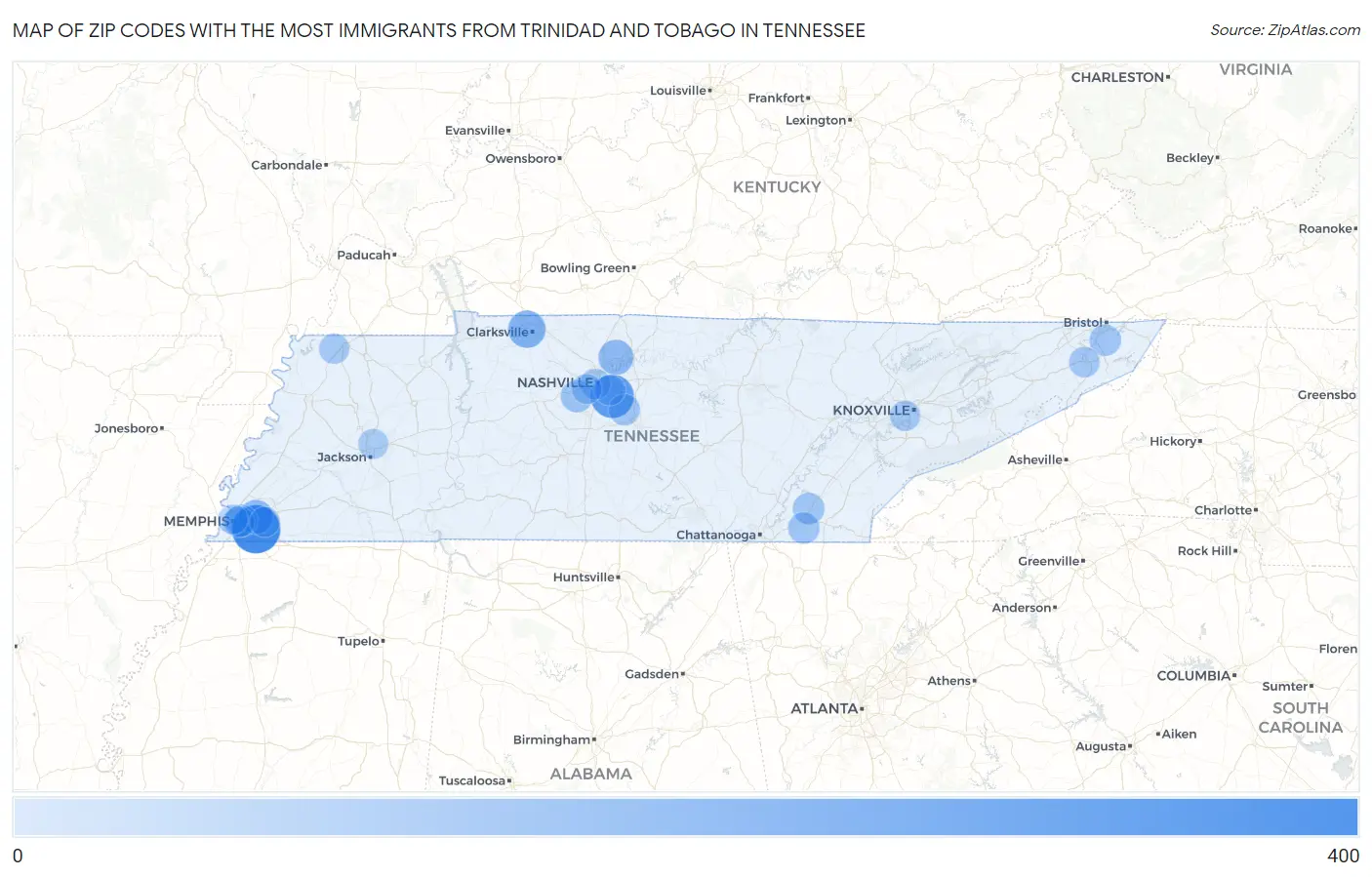 Zip Codes with the Most Immigrants from Trinidad and Tobago in Tennessee Map